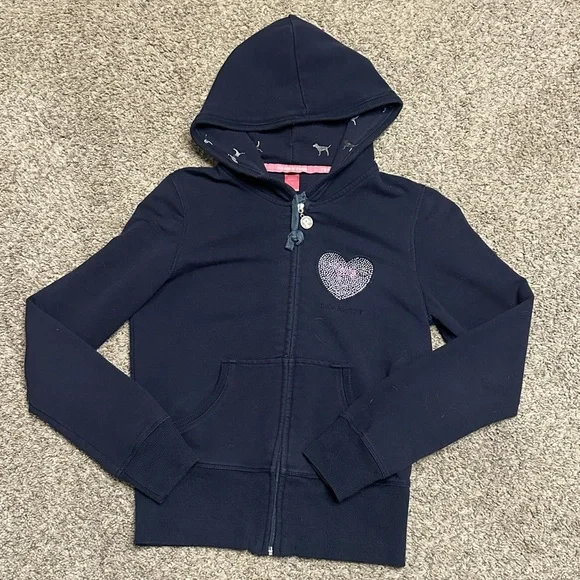 Victoria Secret Pink navy blue rhinestone logo zip up sweatshirt size Large dd - Picture 2 of 7